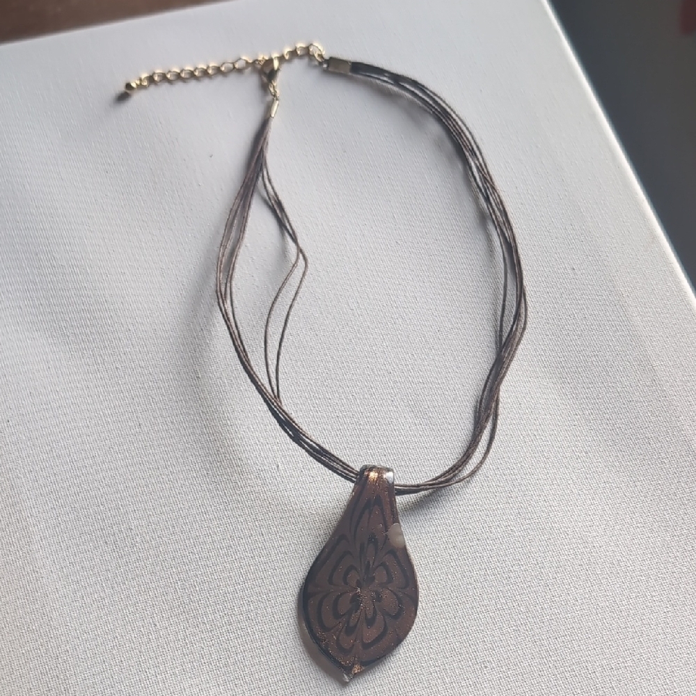 Vintage Art Glass Amber Flower Leaf Pendant Multi-Strand Cord Necklace